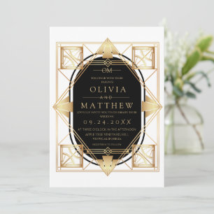 Invitation de mariage Art Déco noir et or