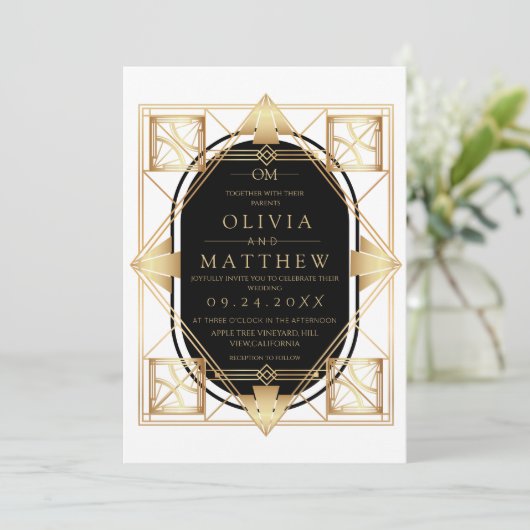 Invitation de mariage Art Déco noir et or (Debout devant)