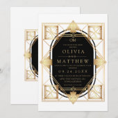 Invitation de mariage Art Déco noir et or (Devant / Derrière)