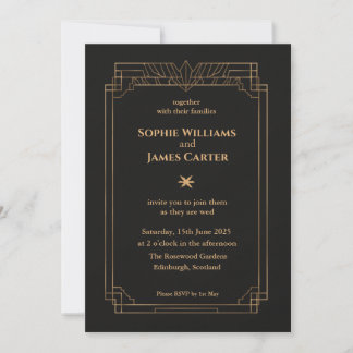 Invitation de mariage Art Déco noir et or | Élégan