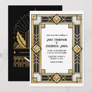 Invitation de mariage Art Déco QR Code RSVP noir e
