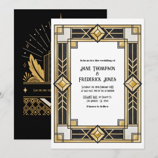Invitation de mariage Art Déco QR Code RSVP noir e (Devant / Derrière)