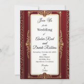 Invitation de mariage Art déco rouge et or (Devant)