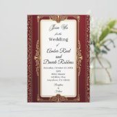 Invitation de mariage Art déco rouge et or (Debout devant)