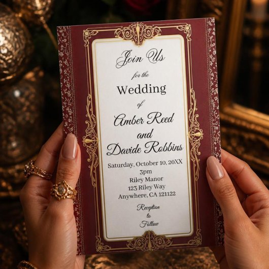 Invitation de mariage Art déco rouge et or