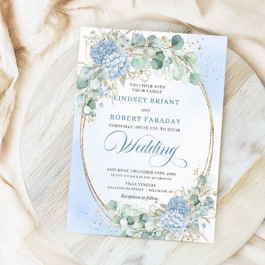 Invitation de mariage au blé or hydrangea bleu cla