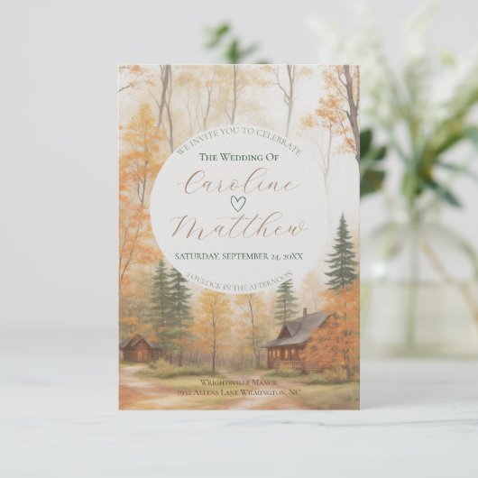 Invitation de mariage au chalet d'automne (Debout devant)