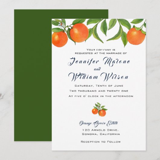 Invitation de mariage au fruit orange aquarelle (Devant / Derrière)