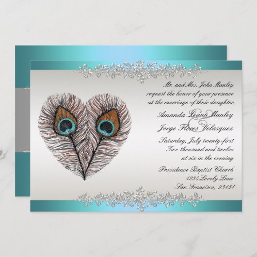 Invitation de mariage au paon sarcelle (Devant / Derrière)