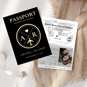 Invitation de mariage au passeport or et noir