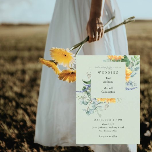 Invitation de mariage au tournesol aquarelle vert