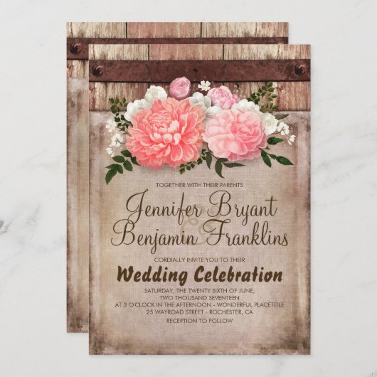 Invitation  de mariage automnal avec effet bois rustique, fle (Devant / Derrière)