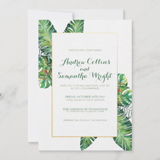Invitation de mariage aux feuilles tropicales d'ét (Devant)