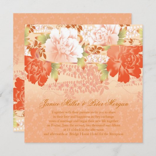 Invitation de mariage aux pivoines à la crème roug (Devant / Derrière)
