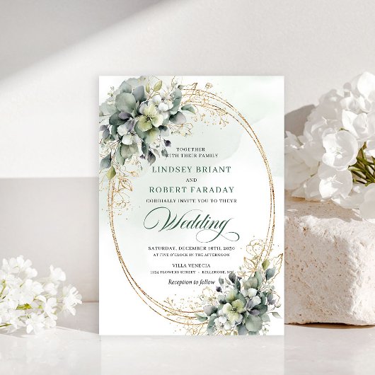 Invitation de mariage aux roses blanches dorées ad