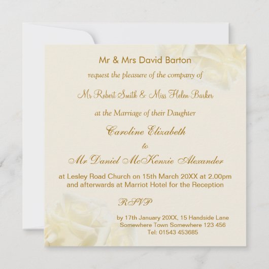 Invitation de mariage aux roses blanches et crème  (Dos)