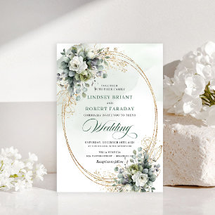 Invitation de mariage aux roses vertes et dorées d
