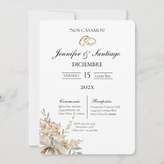 Invitation de mariage avec bouquet et bague (Devant)