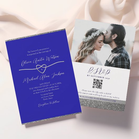 Invitation de mariage avec code QR argent et bleu 