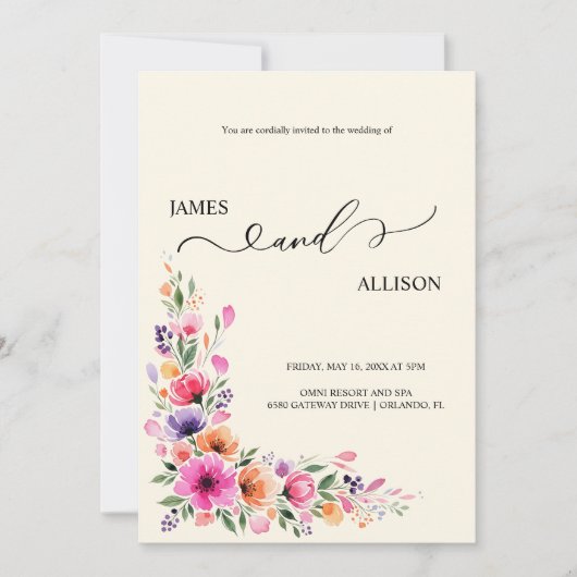 Invitation de mariage avec code QR et fleurs de fu (Devant)
