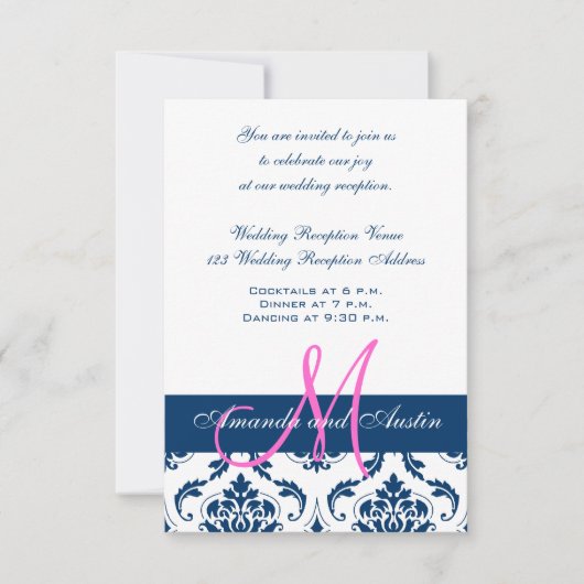 Invitation de mariage avec damas bleu et blanc pou (Devant)