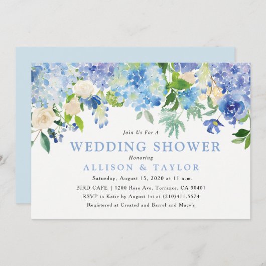 Invitation de mariage avec fleurs aquarelles bleue (Devant / Derrière)