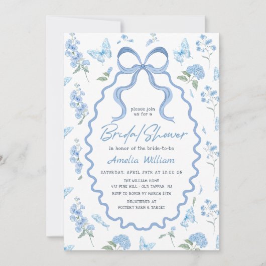 Invitation de mariage avec fleurs d'hortensia bleu (Devant)