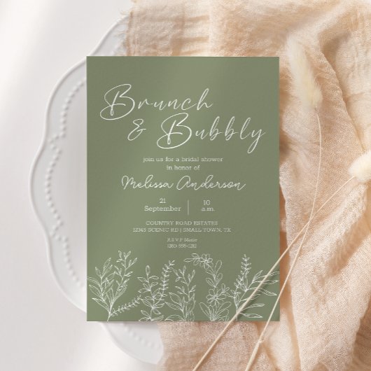 Invitation de mariage avec fleurs vert sauge pour