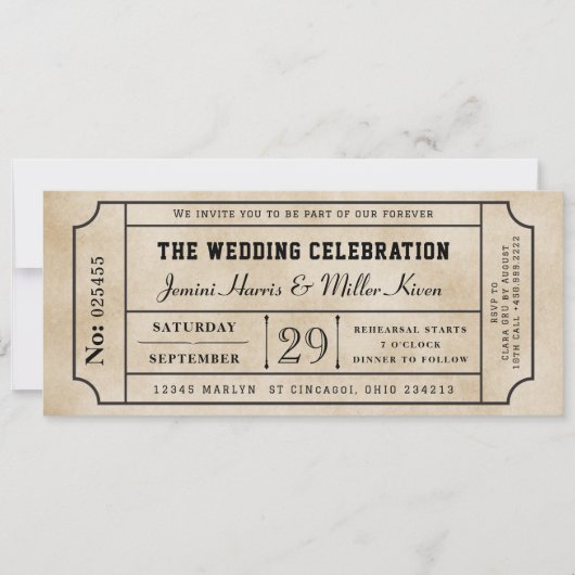 Invitation de mariage billet vintage (Devant)
