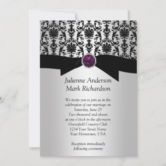 Invitation de mariage Black Silver Damask Purple J (Devant)