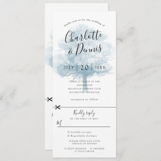 Invitation de mariage bleu avec chêne et carte-rép (Devant / Derrière)