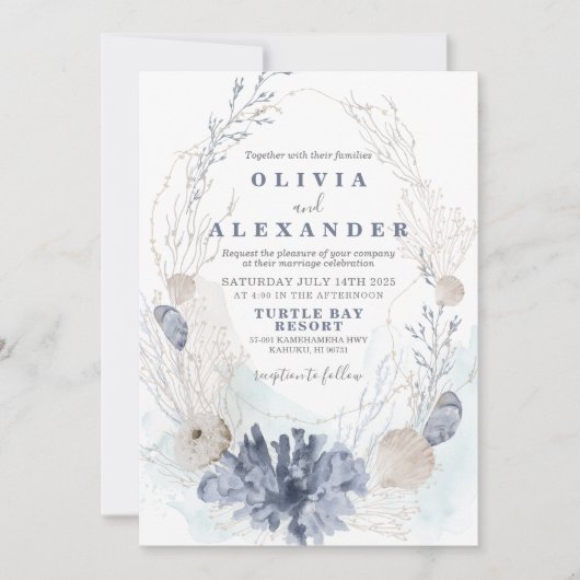 Invitation de mariage bleu coquillage de plage (Devant)