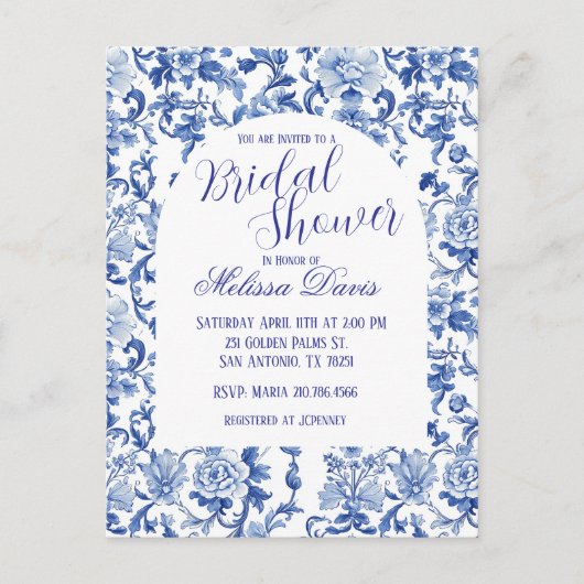 Invitation de mariage bleu et blanc en chinoiserie (Devant)