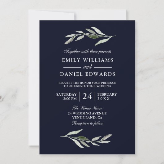 Invitation de mariage bleu marine de la feuille ve (Devant)
