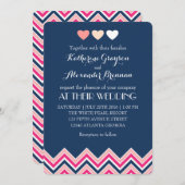 Invitation de mariage bleu marine et rose chevron  (Devant / Derrière)