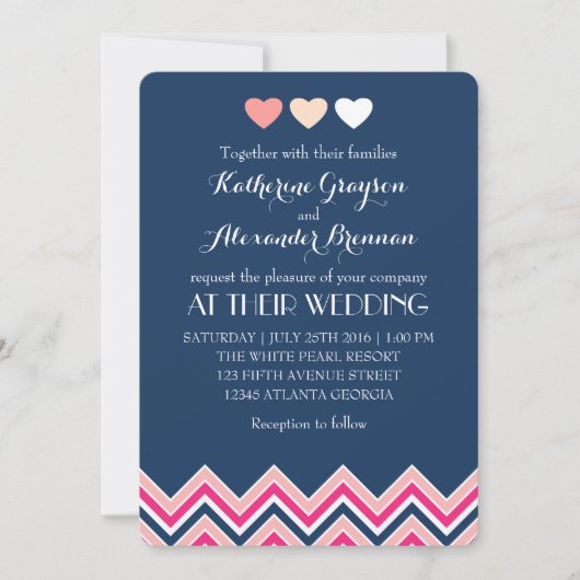 Invitation de mariage bleu marine et rose chevron  (Devant)
