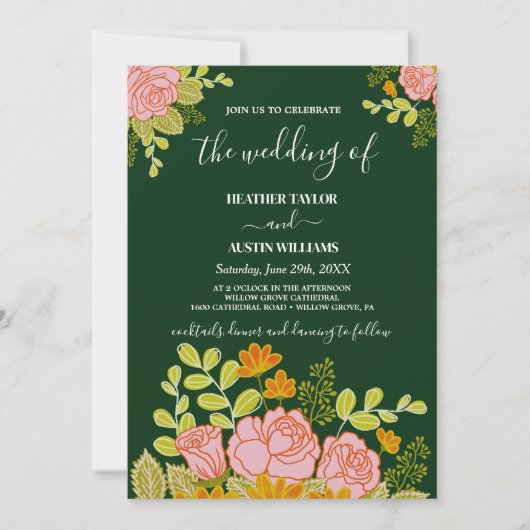 Invitation de mariage bleu marine foncé floral bot (Devant)