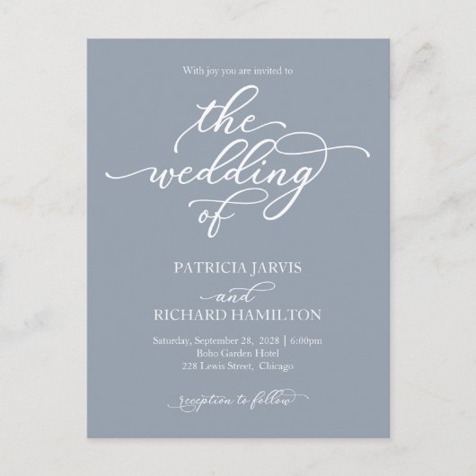 Invitation de mariage bleu poussiéreux calligraphi (Devant)