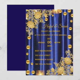 Invitation de mariage bleu royal et or, mariage