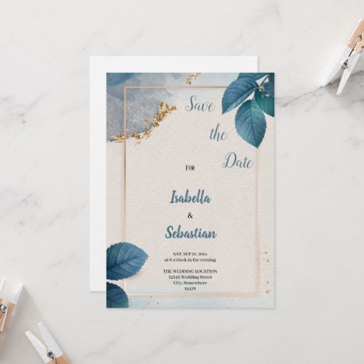 invitation de mariage bleue (Devant/Arrière en situation)