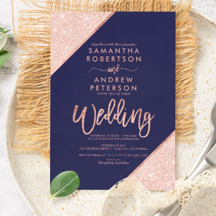 Invitation de mariage bleue marine et rose doré effet brilla