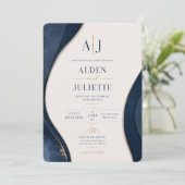Invitation de mariage Blue Elegance Royal Wave | B (Debout devant)
