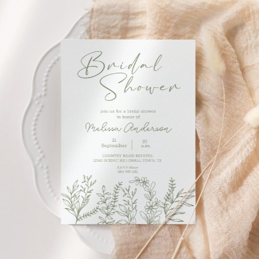 Invitation de mariage bohème avec fleurs vert saug