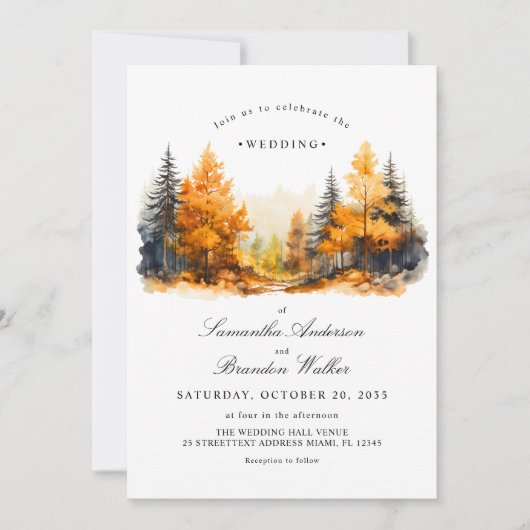 Invitation de mariage bois automnal, pins (Devant)