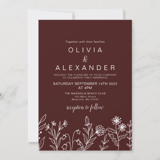 Invitation de mariage bordeaux à fleurs sauvages s (Devant)