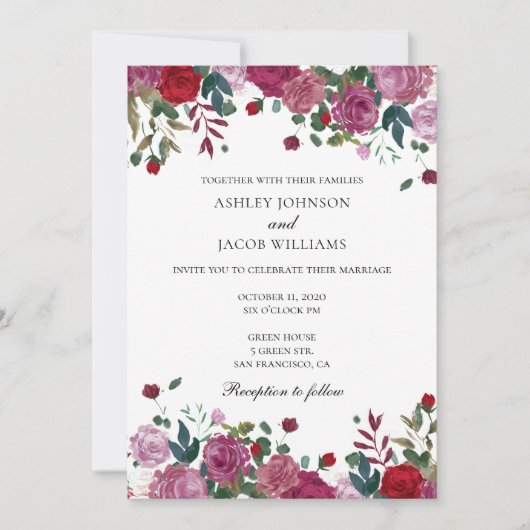 Invitation de mariage bordeaux. Fleur violette et (Devant)