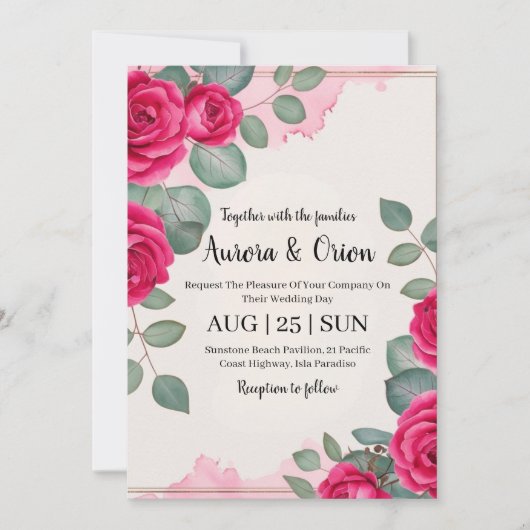 invitation de mariage botanique à fleurs roses cha (Devant)