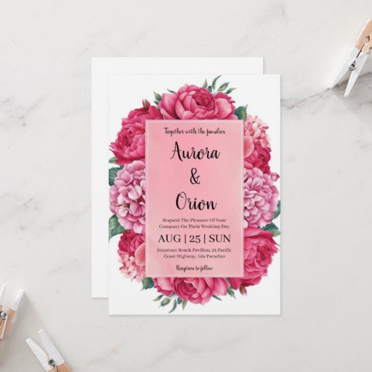invitation de mariage botanique à fleurs roses cha (Devant/Arrière en situation)