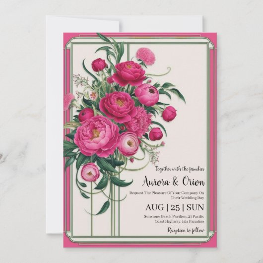 invitation de mariage botanique à fleurs roses cha (Devant)