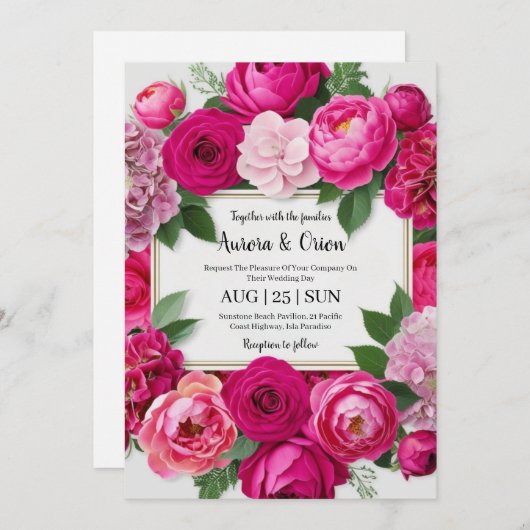 invitation de mariage botanique à fleurs roses cha (Devant / Derrière)